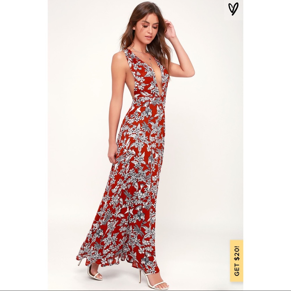 Red Floral Print Backless Maxi Dress
